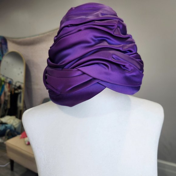 Vintage 1940's - 1950's Purple Satin Turban Hat by Paul Beusam Custom Designs - Picture 2 of 12